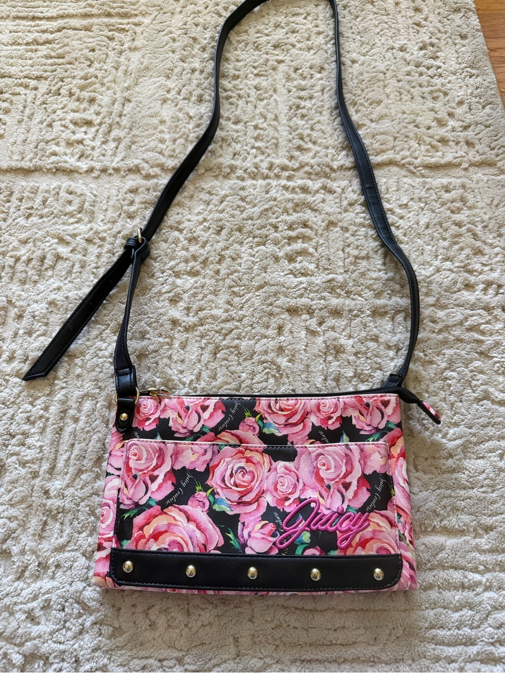 Juicy Couture Pink Rose Floral Crossbody with Black Strap